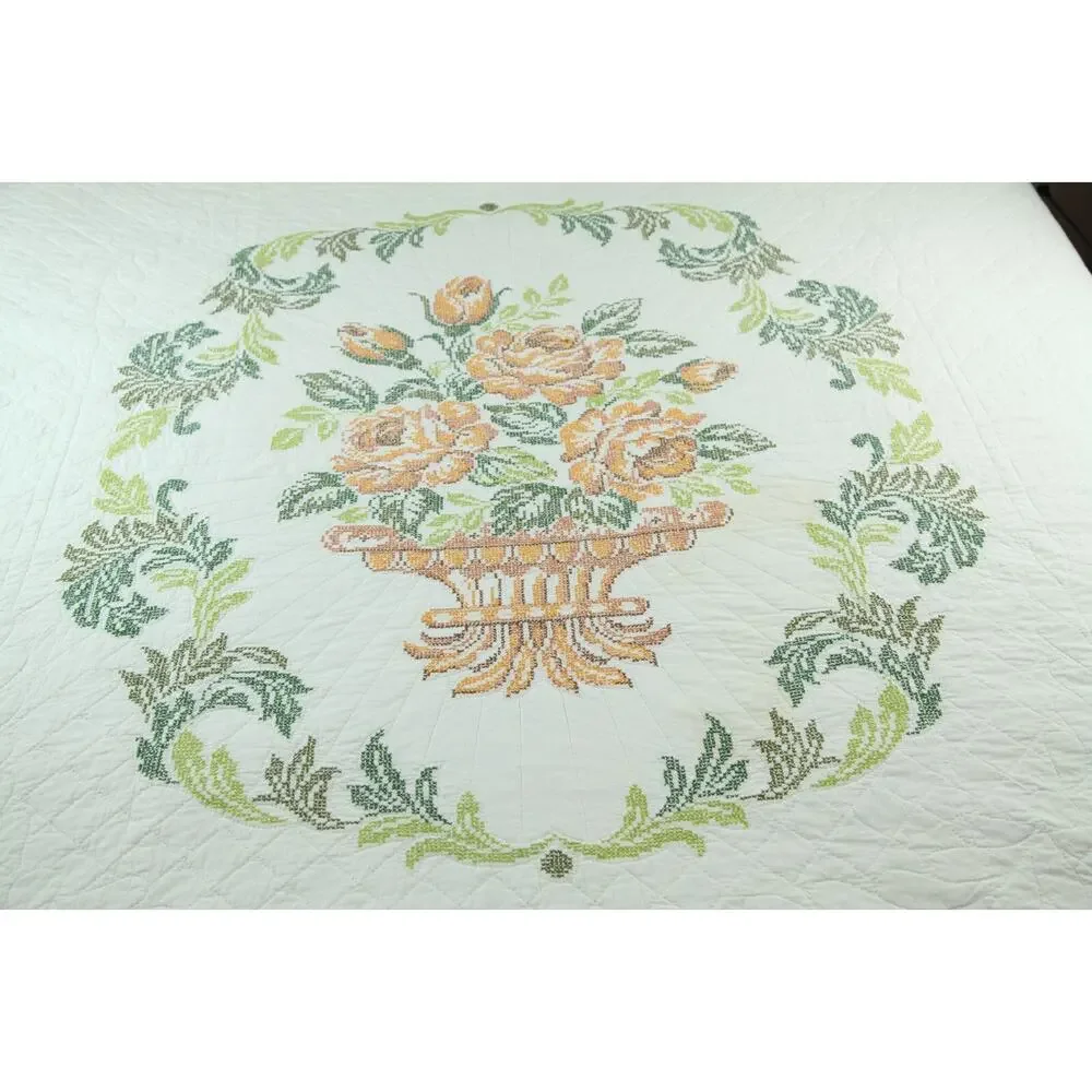 Vintage Needlepoint Bedspread Floral Cottagecore Granny Full 86